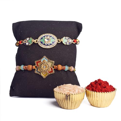 Rakhi para hermano y Bhabhi juego de 2 piezas con Ganesh Shadow Diya y Roli Chawal Satvik