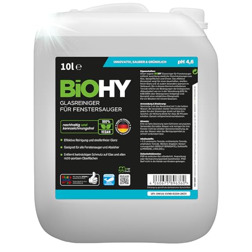 BiOHY Glasreiniger für Fenstersauger (10 Liter Kanister) | Fensterreiniger Konzentrat für alle Fenstersauger | Bio Reinigungsmittel sorgt für streifenfreien Glanz | Glasreiniger