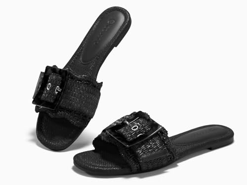 Image of Coutgo Womens Flat Sandals Raffia Slip On Slide Sandal Square Open Toe Buckle Summer Beach Shoes Flats