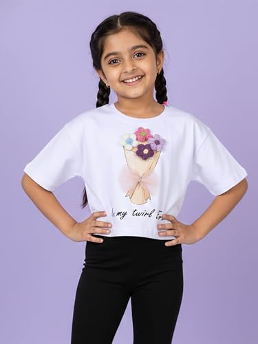 Image of KiddoPanti Girls 100% Cotton Solid Drop Shoulder Half Sleeve Round Neck Crop Tee