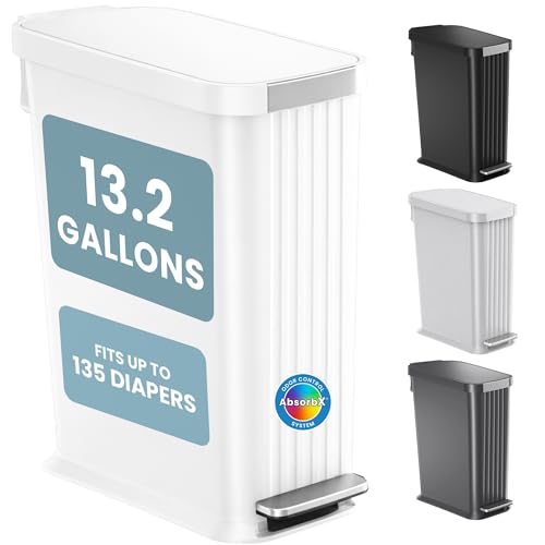 Image of Patented 13 Gallon Step Diaper Pail, Fits Kitchen Bags, Odor Filter, 50L Baby Trash Can, 135 Diaper Capacity, No Refills Needed, for Nursery Diapers & Adult Incontinence Underwear, Matte White