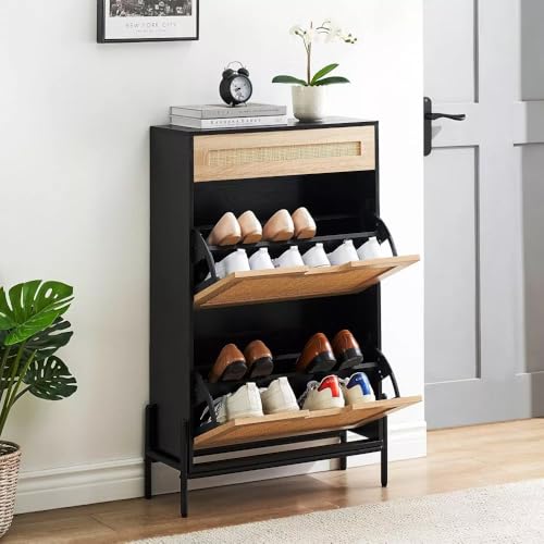 Garvee Slim 24" Rattan Shoe Storage Cabinet with Flip-Down Compartments and Drawer – Freestanding Hidden Shoe Storage Organizer with Adjustable Shelves for Entryway and Hallway, Black by Garvee - Image 2