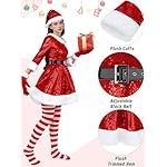 SOMSOC Women Santa Claus Costume Red Velvet Sequin Santa Dress with Belt Hat Striped Tights Gloves Santa Outfit for Christmas - Image 3