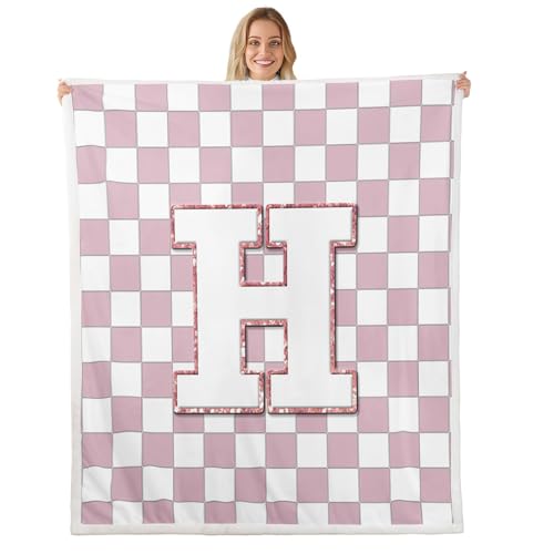 Image of Erosebridal Pink Initial H Fleece Blanket Throw 50 inchx60 inch Kawaii Plaid Checkered Sherpa Blanket Cute Personalized Monogram Fuzzy Plush Throw for Kids Girls,Fashion Grids Gingham Decor for Bed Couch