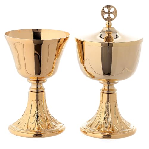 Holyart Small Chalice and Ciborium Leaf Decorated Base 24-Karat Gold Plated Brass, CiboriumChalice Height: 11 cm|Ciborium Diameter: 8 cm|Chalice Cup Diameter: 8 cm|Double pix Height: 10.5 cm