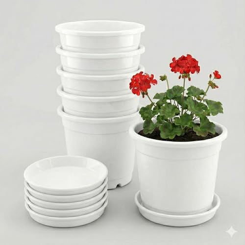 Image of 12 Inch Glossy White Plastic Planter with Bottom Plate | Heavy Duty Flower Pot with Tray for Indoor Home Decor, Balcony, Living Room & Outdoor Garden (6 Pot, White)