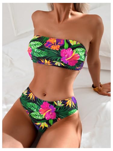 GORGLITTER Women's Strapless Bandeau Bikini Floral Tropical High Waisted Full Coverage Bathing Suits Swimsuit2