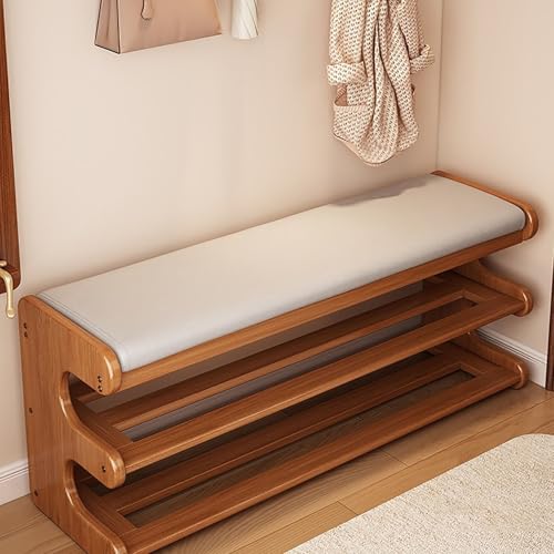 Banco zapatero de bambú de 3 niveles con cojín, elegante almacenamiento de entrada, estante duradero para zapatos para dormitorio y pasillo, decoración moderna del hogar (blanco, 80 cm)