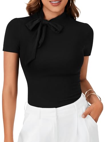 LYANER Women's Bow Tie Knot Mock Neck Short Sleeve Work Tee T-Shirt Tunic Top2
