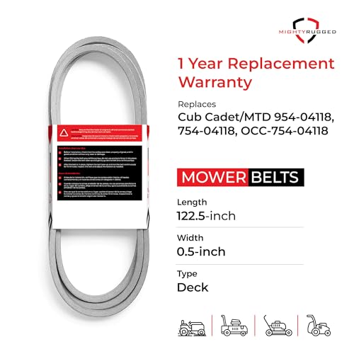 Image of 954-04118 Deck Belt Replacement for Cub Cadet, Length 122.5 inch, Heavy-Duty, Durable, Aramid Cord Belt Replaces 754-04118 for GTX 2100 2154, LT 1045 1046 Series, Yard Man, Yard Machine Lawn Tractors