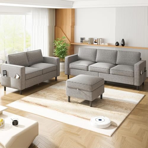 ADOWORE 2 Pieces Sofa Sets for Living Room-L Shaped Sofa and Loveseat, Linen Fabric 3 Seater Sofa with Ottoman and Loveseat Sets, Modern L Shaped Couch + 2-Seat Sofa Sets,Light Grey