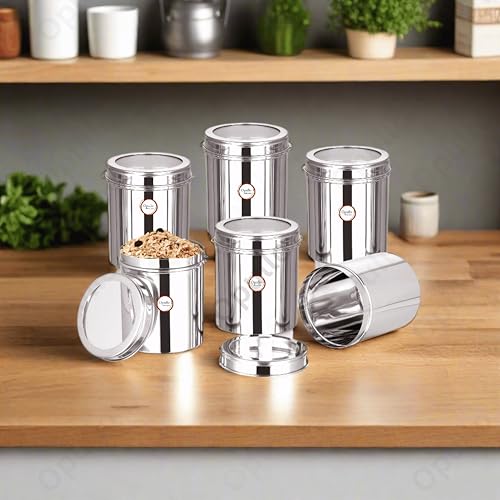 Image of Opullo Stainless Steel Top See Through Containers for Kitchen | Mirror Polished Stainless Steel Containers with Lid | Multipurpose Dabba Set for Kitchen | Pack of 6 | 750 GMS