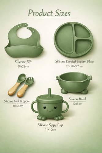Image of SJC Global - 6 PCS (Green) Silicone Toddler Adjustable Tableware Set | Suction Bowl, Plate, Spoon, Fork, Bib & Cup for Babies | Silicone Baby Feeding Kit for Infants | BPA Free Food Grade