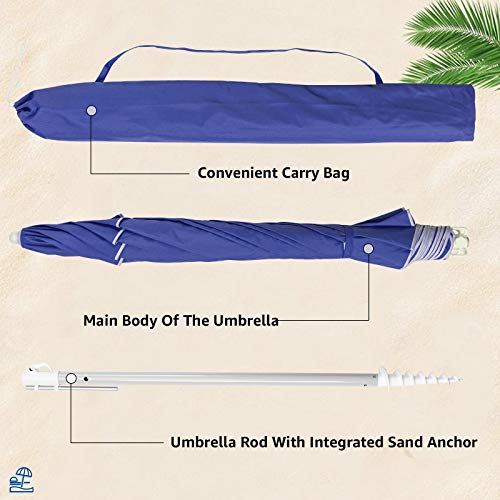 ROWHY 7.5FT Beach Umbrella UV 50+ Outdoor Portable Sunshade Umbrella With Push Button Tilt Sand Anchor and Carry Bag for Patio Garden Beach Pool Backyard (Royal Blue)
