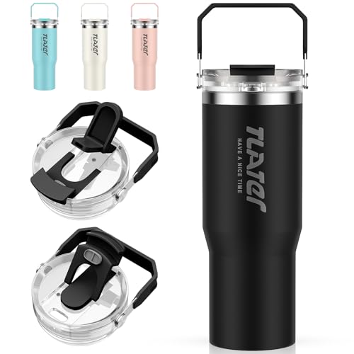 Tlater Vaso con Pajita y Tapa, 30 oz Taza Aislada Vaso de Viaje, 900 ml Taza de Viaje de Acero Inoxidable de Doble Pared al Vacío a Prueba de Fugas vaso para Caliente y Frío