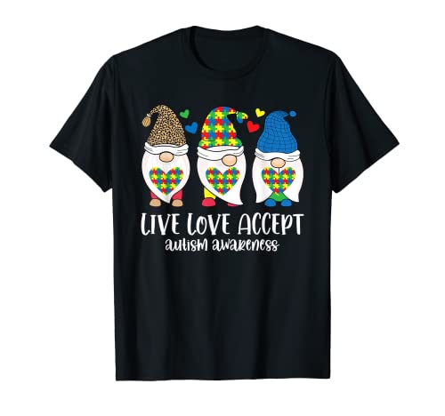 Cute Three Gnomes Live Accept Love Puzzle Autism Awareness Maglietta