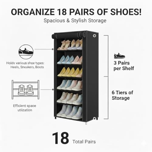 Image of EASY BUY Economy 6 Shelf Black Shoe Rack with Cover, Plastic Rack 6 Shelves with Zip Door Cover & Side Pocket | Dustproof Storage Organizer for Footwear, Clothes, Toy, Shoe Rack Plastic, Slipper Stand
