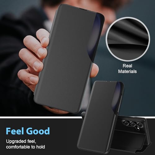 S24 Plus Flip Case for Samsung Galaxy S24 Plus 5G Case, Clear View Slim Fit Leather Cover for Samsung S24 Plus Phone Case with Kickstand Rugged Heavy Duty Shockproof Bumper Shell, 6.6 Inches (Black)