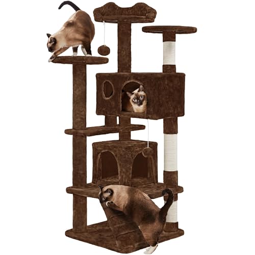 Yaheetech Cat Tree, 138.5cm Climbing tower w/Cat-ear Shaped Platform, 2 Wide Condos, 2 Fur Balls, Kitten Scratching Posts for Indoor Pets