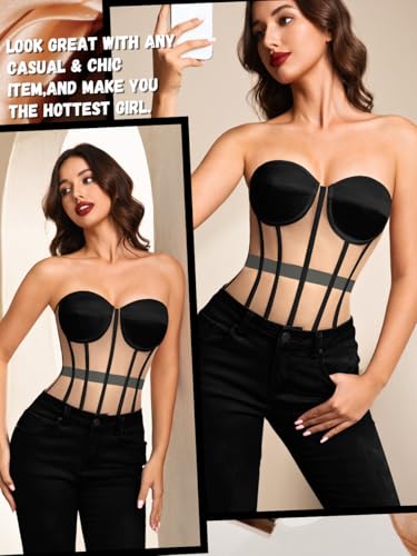 Image of Kaei&Shi Sheer Mesh Overbust Corset,Sexy Strapless Lace Up Satin Bra Corsets Top For Women Shapewear