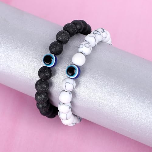 Image of Fashion Frill Stylish Couple Bracelets Black & White Red Natural Stone Onyx Stretchable Wrist Band Heart Magnetic Bracelet For Women Men Boys Girls Love Gifts Friendship Promise Bracelets