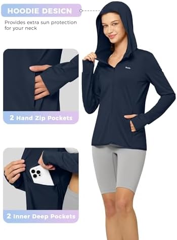 Willit Women's UV Shirts UPF 50+ Long Sleeve Sun Protection Jacket Hooded SPF Shirts with Pockets Navy L — view 3