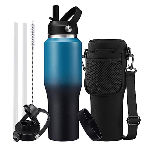 Image of 32oz Water Bottles with Straw - Travel Stainless Steel Water Bottle, Carrier Bag with Strap, 32 oz Tumbler Water Cup Fits Car Cup Holders