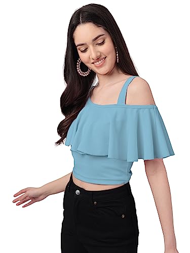Image of Mehrang Women's Casual Solid Flared Crop Top Round Neck Stretchable Blend for Women /Top for Girls