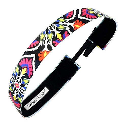 Sweaty Bands Womens Girls Headband - Non-Slip Velvet-Lined Workout Hairband -Fiesta Black Pink 1-Inch