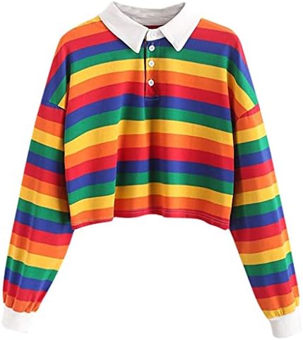 Women Teen Girls Fashion Turn-Down Collar Crop Top Sweatshirt Long Sleeve Rainbow Striped Color Block Pullover Shirts