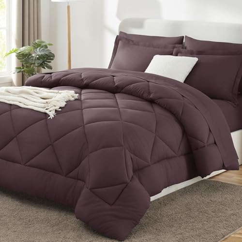 Image of CozyLux Queen Comforter Set Cocoa Powder - Bed in a Bag Queen Size 7 Pieces, Luxury Soft Bed Set for All Seasons, Bedding Set with Down Alternative Comforter, Sheets, Pillowcases & Shams