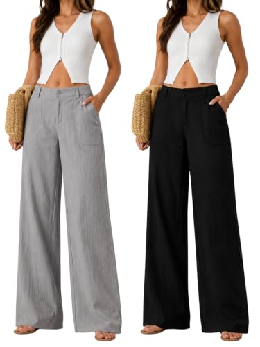 Image of GRECIILOOKS Beige Wide Leg Linen Trousers for Women | High Waist Cotton Baggy Korean Style Casual Pants | Comfortable Formal & Casual Women Trousers