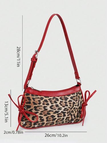 Image of QWINEE Women's Leopard Print Purse Y2k Cheetah Shoulder Bag Bow Studded Clutch Zipper Adjustable Strap Underarm Bag