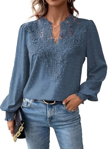 TUUHAW Top Damen Boho Bluse Langarmshirt Oberteile Elegant V-Ausschnitt | Fließend Rüschen Shirt, Süß Elegant Longshirt, Lässig Longsleeve, Spitze Kleidung, Sexy T Shirt, Frühling
