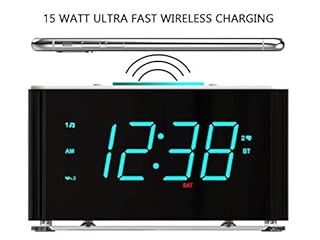 Emerson ER100401 Smartset 15Watt Ultra Fast Wireless Charging Dual Alarm Clock Radio with Bluetooth Speaker, USB Charger, Cyan LED Night Light and 1.4" Display