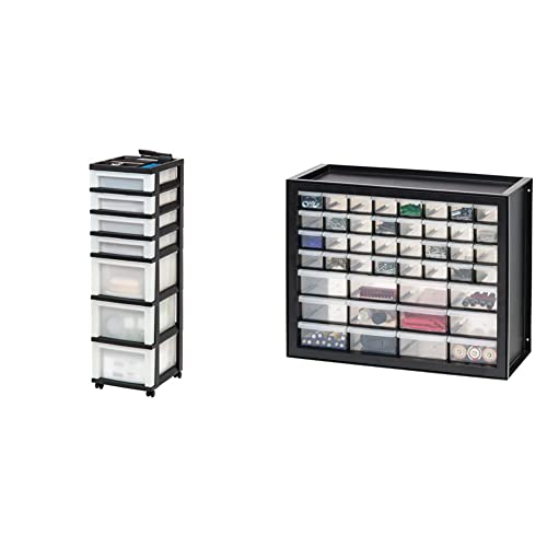 Iris Usa Craft Plastic Organizers And Storage, Rolling Storage Cart, 7 Drawers, Black/Pearl & Iris Usa 44 Drawer Stackable Storage Cabinet, 19.5-Inch W X 7-Inch D X 15.5-Inch H, Black #TOP4