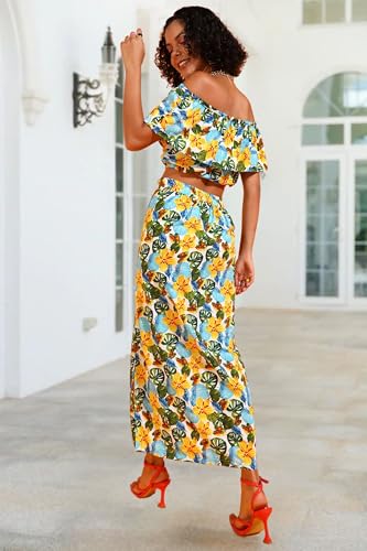 Image of POPWINGS Casual Bagru Printed Cotton Top and Skirt Set for Women || Pom Pom Top and Long Slit Skirt Set for Women || Two Piece Women Set for Summer