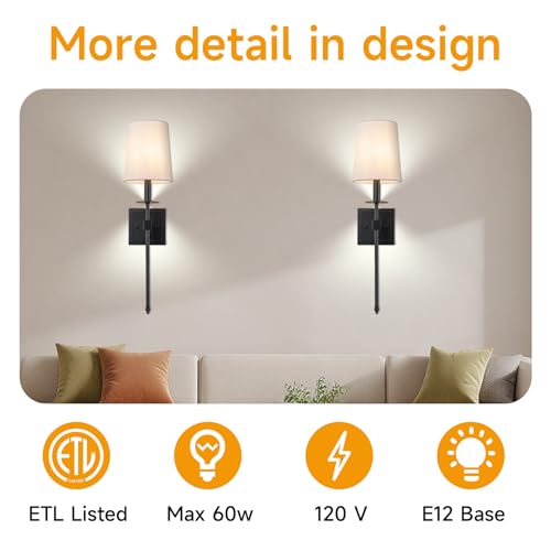 Image of Wall Sconces Sets of 2, Retro Industrial Wall Lamps, Hardwired Bathroom Vanity Sconces Wall Lighting with White Fabric Shade, Indoor Wall Lights for Bedroom Living Room Corridor Black
