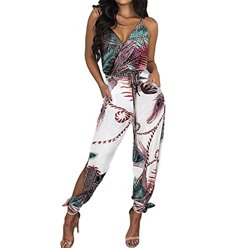 Aurlust Women Sexy V-Neck Print Jumpsuits Sleeveless Off Shouder Long Pants Romper with Pockets (White Feather, X-Large), XL