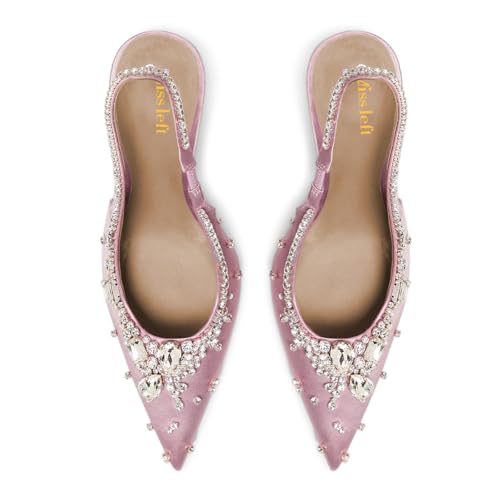 miss left Women Gorgeous Studded Rhinestone Slingback Satin Pumps Pointed Toe Slip on Stiletto High Heels Wedding Prom Formal Shoes Size 4-16 US4