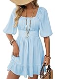 Dokotoo Womens Summer Dresses Square Neck Tie Back Lantern Sleeve Blue Wedding Guest Dresses Ruffle A-Line Sexy Dress Elastic Waist Casual Graduation Dress Small