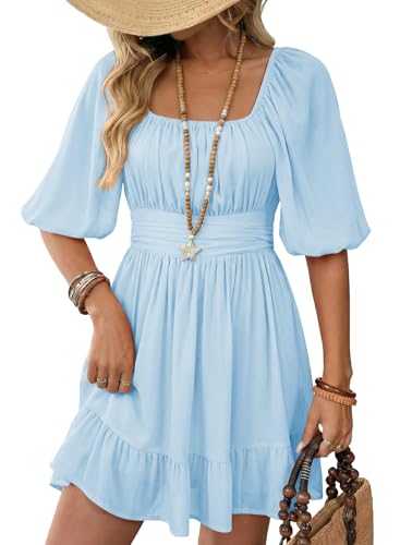 Dokotoo Womens Summer Dresses Square Neck Tie Back Lantern Sleeve Blue Wedding Guest Dresses Ruffle A-Line Sexy Dress Elastic Waist Casual Graduation Dress Small