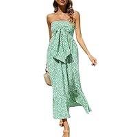 Femmes Maxi Robe de Cocktail Mariage Casual Robes Bustier Longue Epaule Denudee Imprimé Robe de Soiée Bustier sans Bretelle Mariage Invitée Vacances Plage Cadeau de Ma Mère,Light Green,XL,f483r