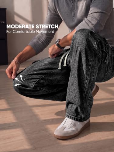 Image of JMIERR Men's Stretch Cargo Jeans Loose Straight | Over 60% Cotton Blend, Stretch Denim, Drawstring Waist, 5-Pocket Design, Loose Straight Fit, Casual Workwear Jeans