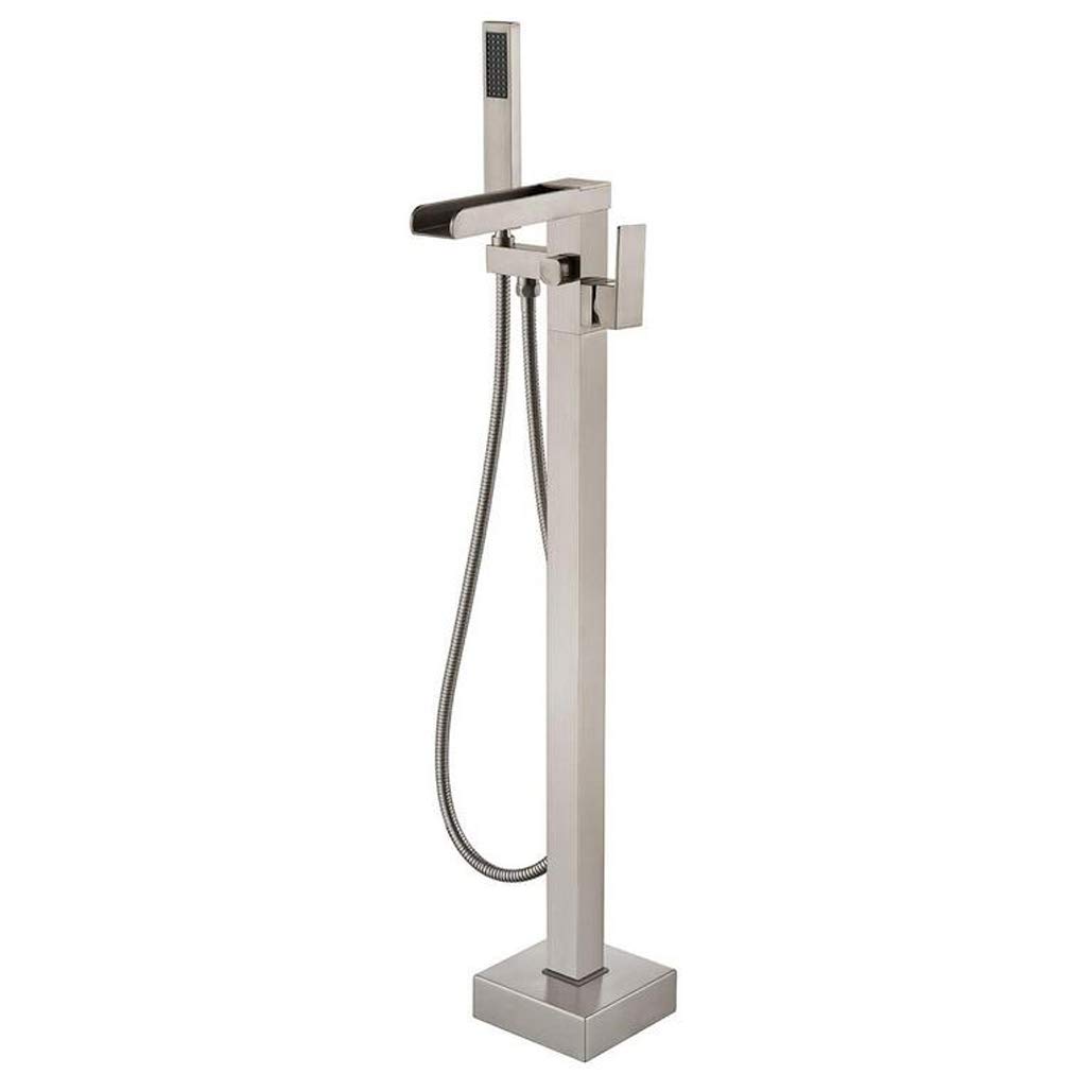 OZBMA Shower Set System, Waterfall Tub Filler Freestanding Taps Black Floor Mount Brass Single Handle Bathroom Faucets with Hand Set,Chrome (size_name Brushed Nickel)