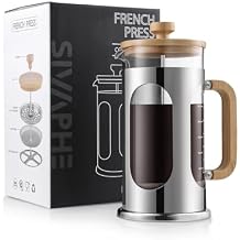 Sivaphe No-Plastic French Press Coffee Maker 34 oz, Borosilicate Glass Bamboo Lid and Handle Coffee Tea Press 8 cup, 1000ml Coffee Milk Forther with Stainless Steel Holder and Resuable Filters