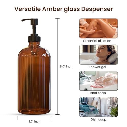 Image of Sunrise Premium, 16 OZ Thick Amber Glass Soap Dispenser with Pump 2 Pack, Hand and Dish Soap Dispenser Set for Bathroom with 6 Waterproof Labels