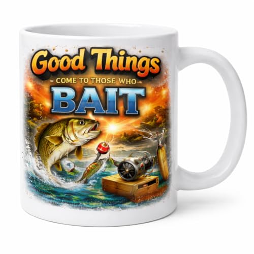 Image of Brew Crew Gifts Fishing Coffee Mug, 'Good Things Come to Those Who Bait', 11oz Ceramic, Glossy Finish, Dishwasher Safe, Angler Gift