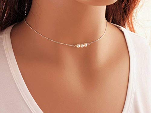 Sterling Silver Pearl Choker Necklace, Handmade with 3 Dainty Real Freshwater Pearl
