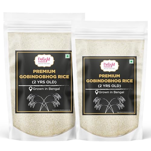 Image of Delight Foods Premium Gobindobhog Rice Bengali, 1.7Kg (Set of 2 Packs - 1kg + 700g) | 2years Old Aged | Unpolished Aromatic Short Grain Chawal | Grown in Bengal | Ideal for Payesh /Kheer, Biryani & Pulao